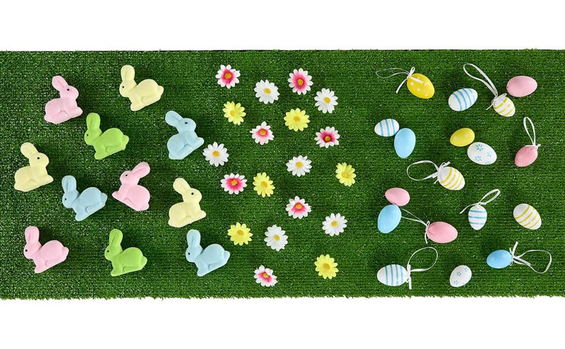 Easter Grass Table Runner - Includes 12 Easter Eggs, 12 Bunny Figurines & 30 Daisy Decorations
