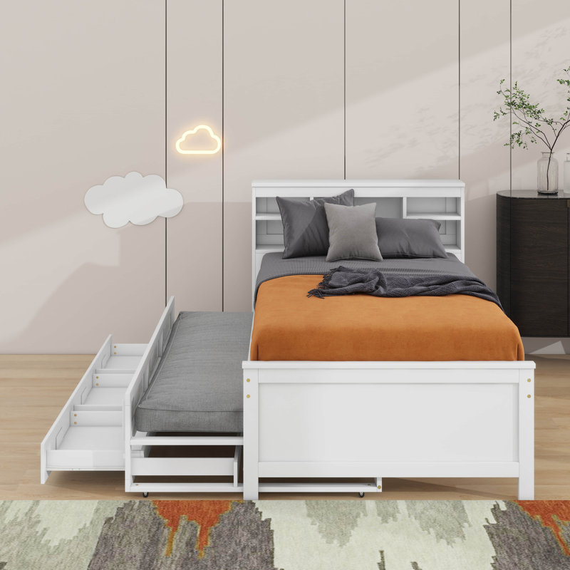 Lit plateforme avec tête de lit, USB, lit simple et tiroirs, Lit simple, Blanc