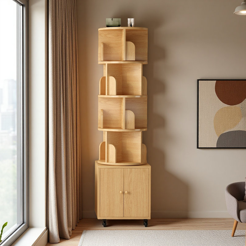 Bibliothèque rotative, bibliothèque d'angle à 5 niveaux à 360 degrés avec tiroir pour petit espace, étagère de rangement sur pied au sol, étagère de rangement en bois étroite pour chambre à coucher