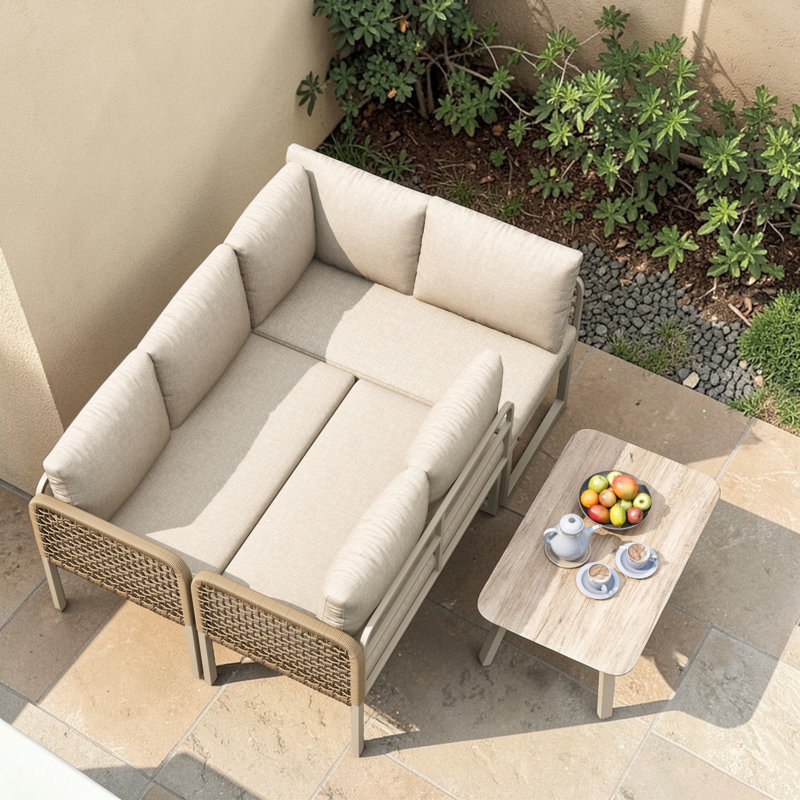 Beige Linen 5-6 Seater Garden Furniture Set With Wood-Look Tempered Glass Coffee Table, L-Shaped Corner Sofa With Polyester Rope Outdoor Patio Dining Lounge Set