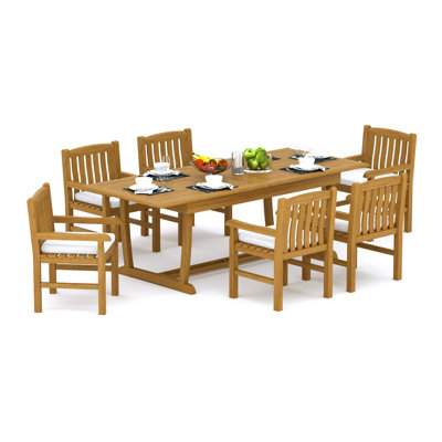 10 Seats 11 Pcs Grade-A Teak Wood Dining Set: 94" Double Extension Mas Rectangle Trestle Leg  Table And 10 Devon Chairs (2 Arm & 8 Armless Chairs) #11DV2102