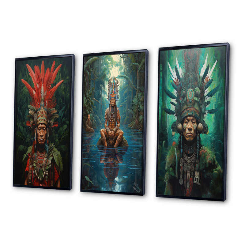 Indigène, chaman, coiffe de plumes de l'Amazonie, ensemble de 3 pièces d'art, Cadre flottant noir, H 20 po x l 36 po