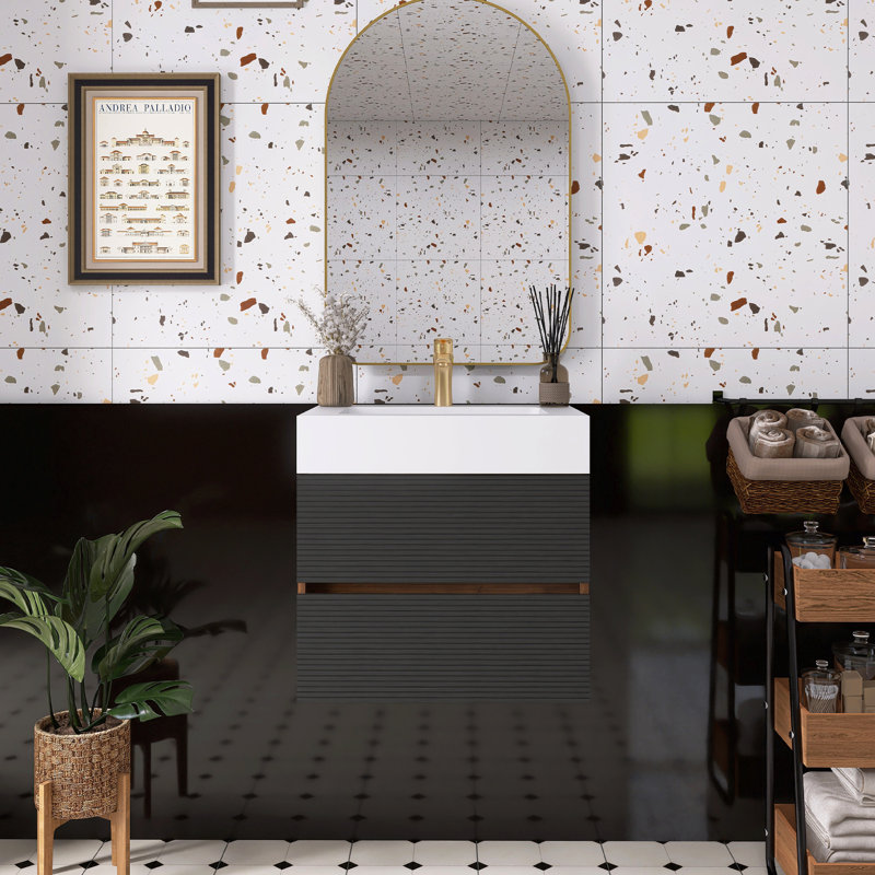 Meuble-lavabo en noyer avec lavabo à surface solide blanc brillant, 24"