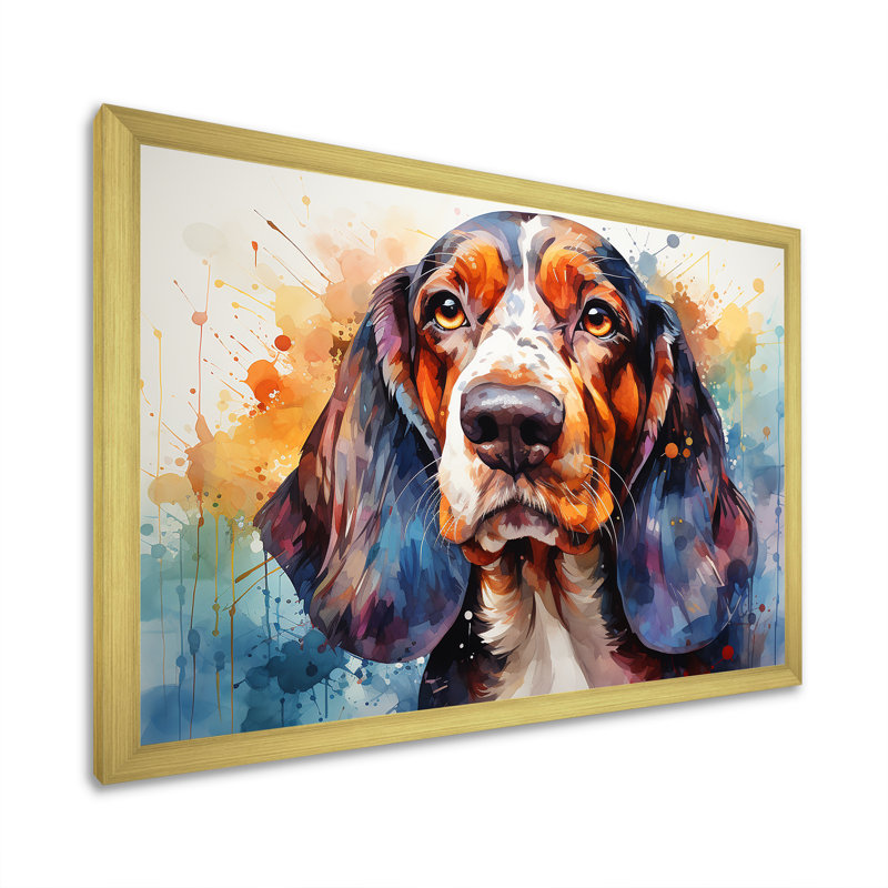 Chien basset hound beauté I, Cadre doré simple, L 40 po x H 30 po x P 1,5 po