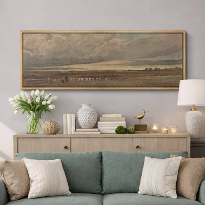 «Rustic Countryside Serene Brown Countryside Field Clouds In The Sky», impression sur toile encadrée classique