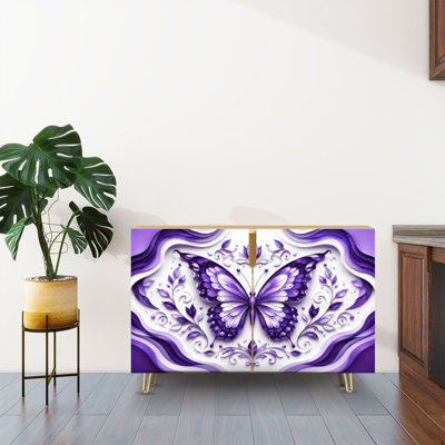 Buffet Buffet avec rangement Lavande, ornemental blanc, motifs floraux en papier superposé avec 2 portes pour le salon et la cuisine