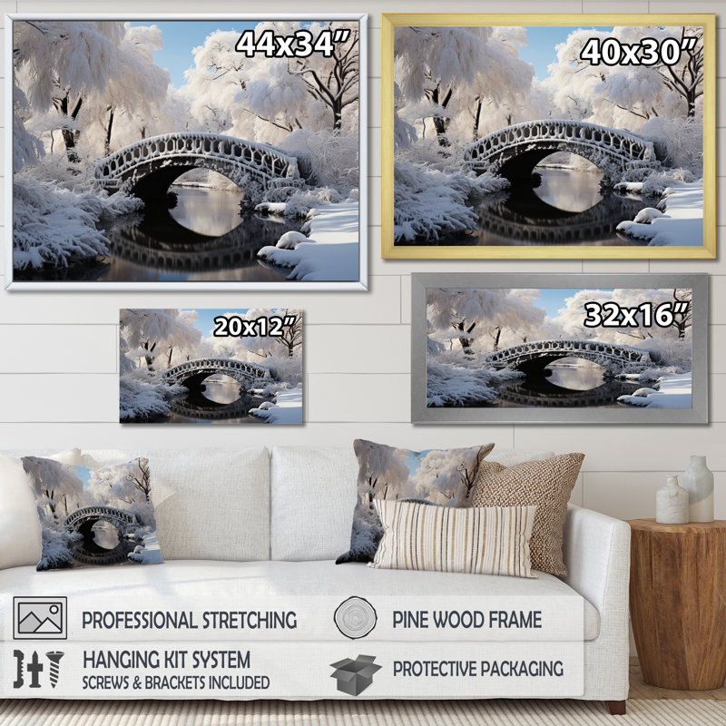 Winter Landscape Snowy Bridges II, reproduction d'art sur toile, Cadre flottant doré, H 24 po x l 32 po x P 1 po