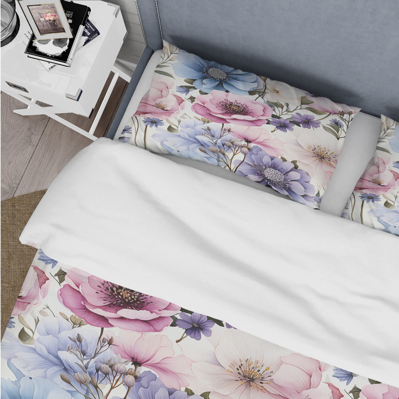 Ensemble de housse de couette floral mauve et bleu serein, Housse de couette simple + 1 taie décorative stan
