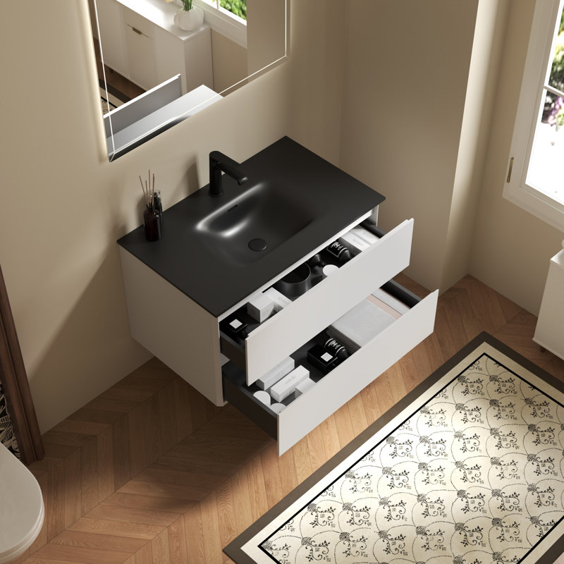 Meuble-lavabo mural simple 34 po avec plateau en pierre noire et 2 tiroirs, 34"