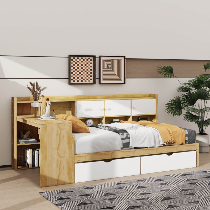Lit de jour en L en bois avec sept armoires de rangement et deux tiroirs, un lit polyvalent avec une table d'étude intégrée