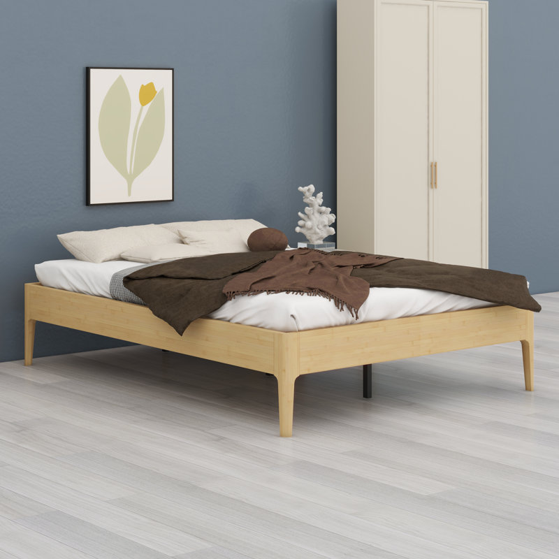 Contemporary Wood Platform Bed Frame with Wooden Slats and Metal Support, Natural