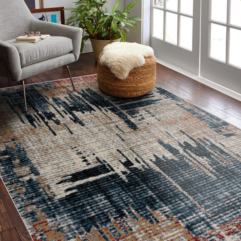 Rug Branch Mehr 4' x 6' (3'9" x 5'6") Blue/Red Abstract Indoor Area Rug, Contemporary, Medium Pile, Stain-Resistant Carpet - Living Room, Bedroom, Dining Room, and Kitchen