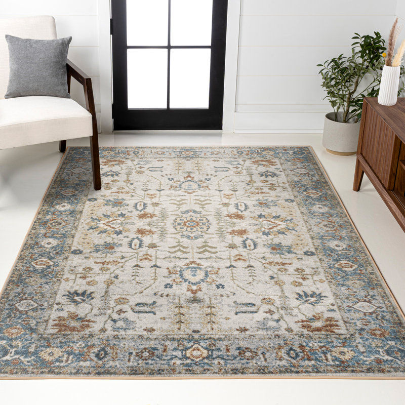 Hiero Persian Border Low-Pile Machine-Washable Cream/Terra Rug, Rectangle 5'3" x 7'7"
