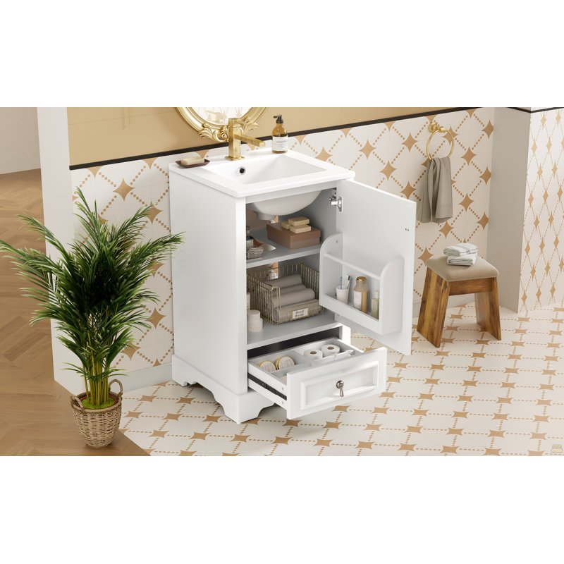 Meuble-lavabo de 20 po avec lavabo en céramique, porte à fermeture en douceur, tablette ajustable en forme de U, tiroir de compartiment et support de porte, style moderne, conception peu encombrante
