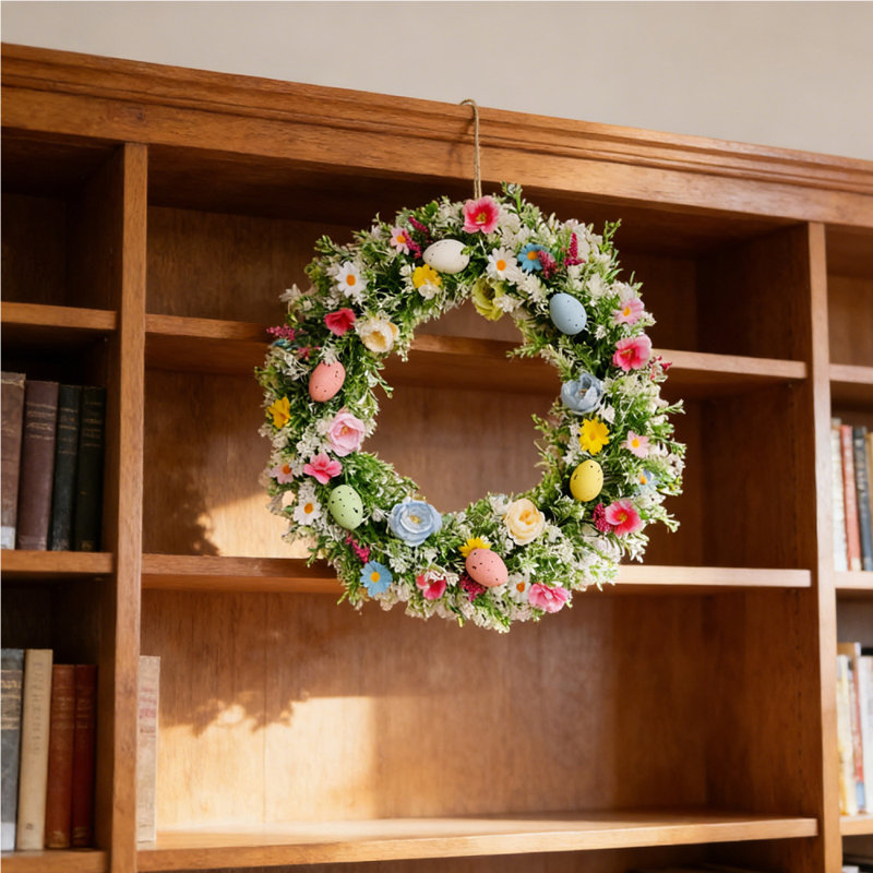 Couronne de Pâques pour décor de porte d'entrée Décorations de Pâques Couronne de Pâques pour porte d'entrée avec œufs de Pâques Fleurs de marguerite artificielle 18 pouces Couronne de Pâques artificielle