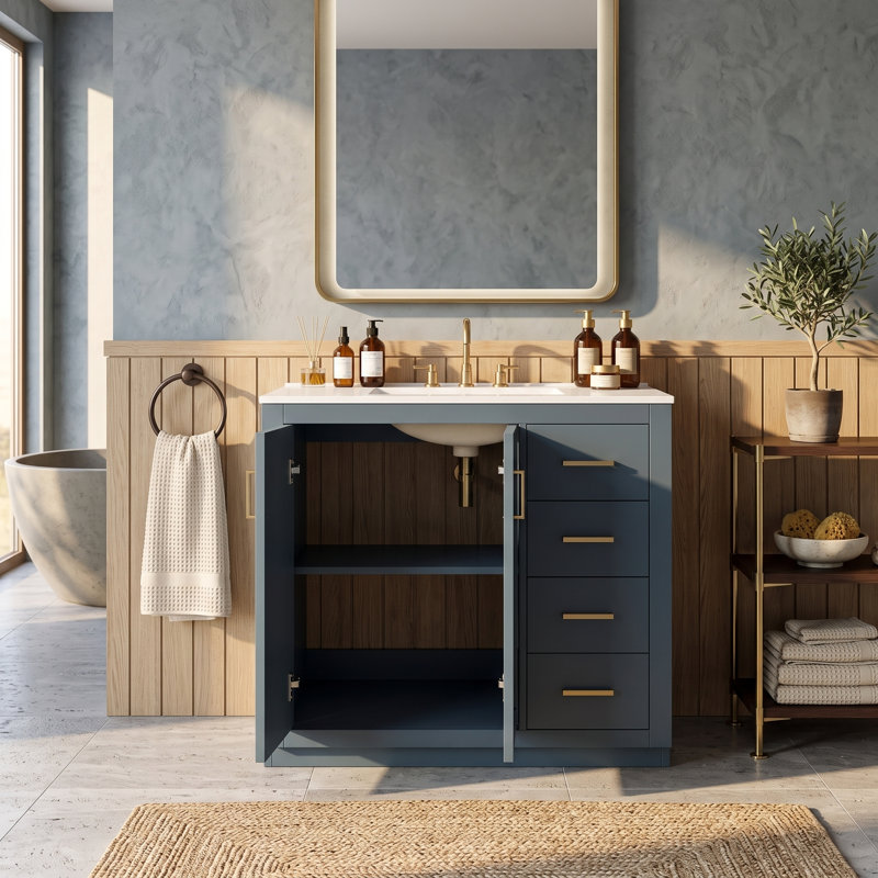 Ensemble de meuble-lavabo 36 po avec lavabo en céramique, meuble de rangement pour salle de bain avec cadre en bois massif, ensemble de meuble-lavabo autoportant avec 3 tiroirs et portes à fermeture douce