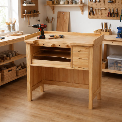 39" Heavy Duty Rubber Wood Workbench Work Bench Table With 5 Drawers For Workshop Garage