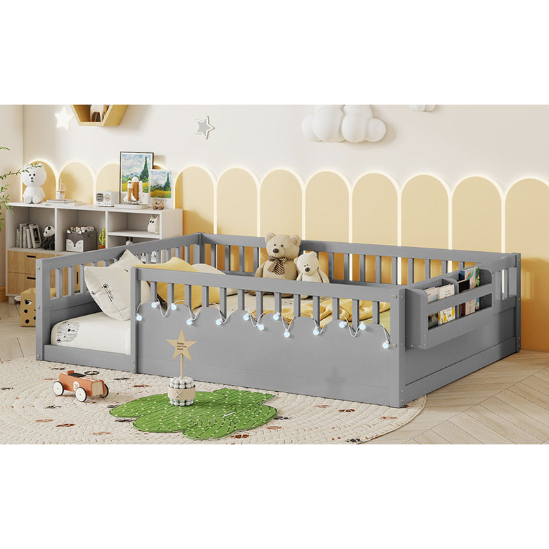 Lit de sol gris en bois de taille double avec des rails élevés et une tablette de rangement latérale, favorisant le rangement sécuritaire des rails d’exploration, pin massif pour le sommeil