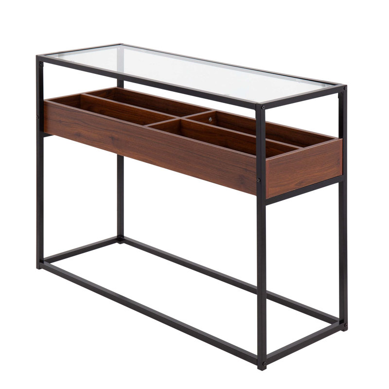 Console contemporaine avec structure en métal, plateau en verre transparent et compartiments de rangement en bois pour les intérieurs modernes