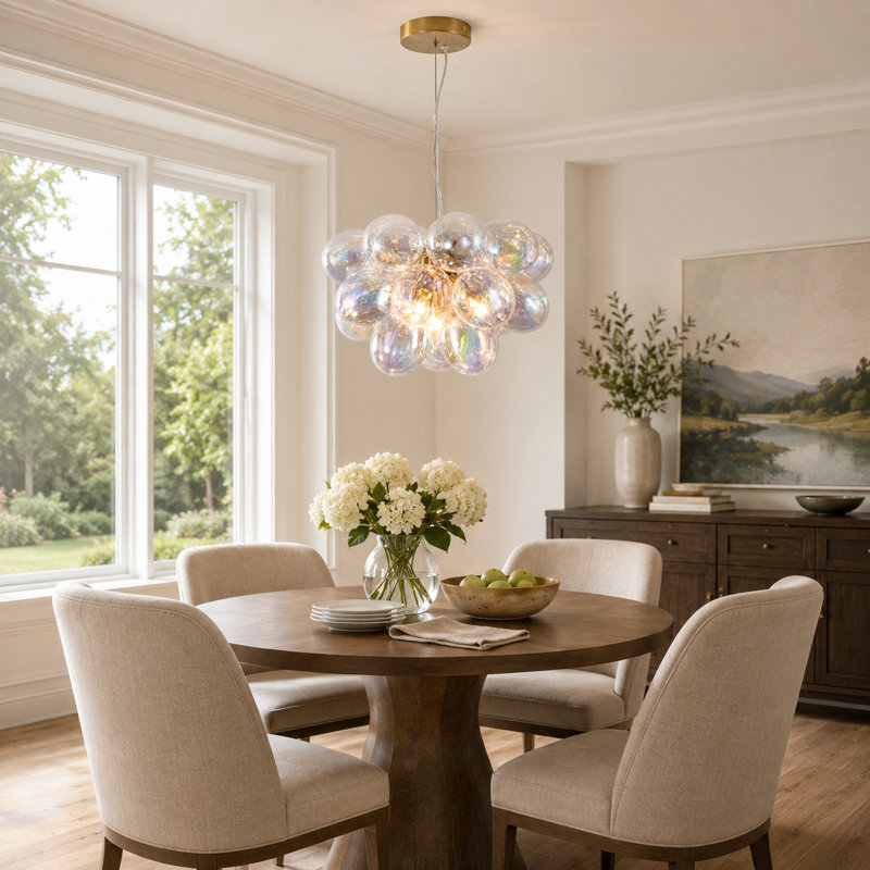 Lustre moderne en laiton 4 lumières avec abat-jour ovales en verre iridescent, Irisée, Laiton