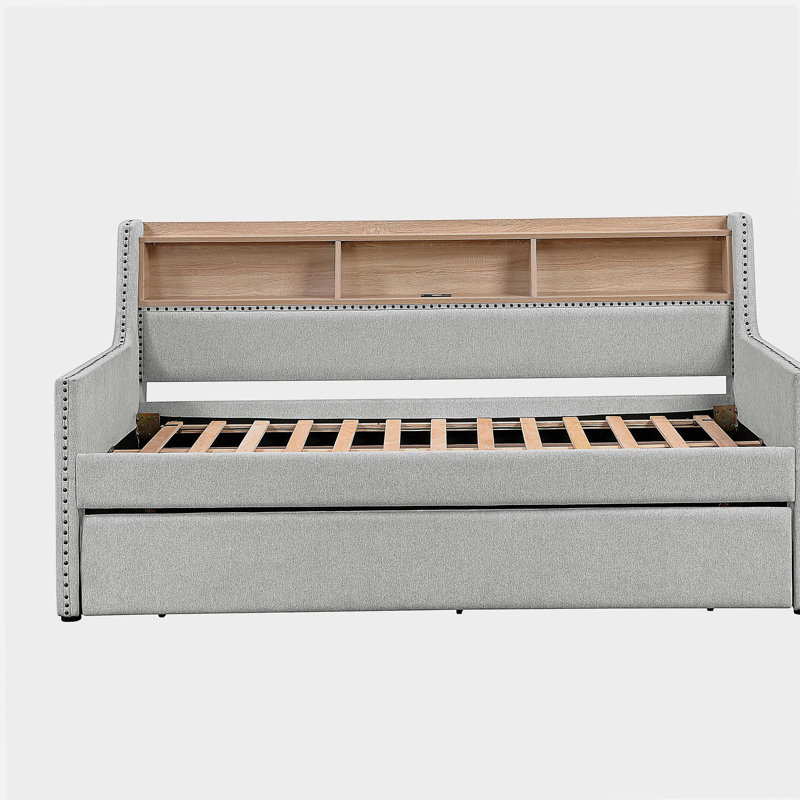Lit de jour gris clair 1pc avec bibliothèque gigogne escamotable
