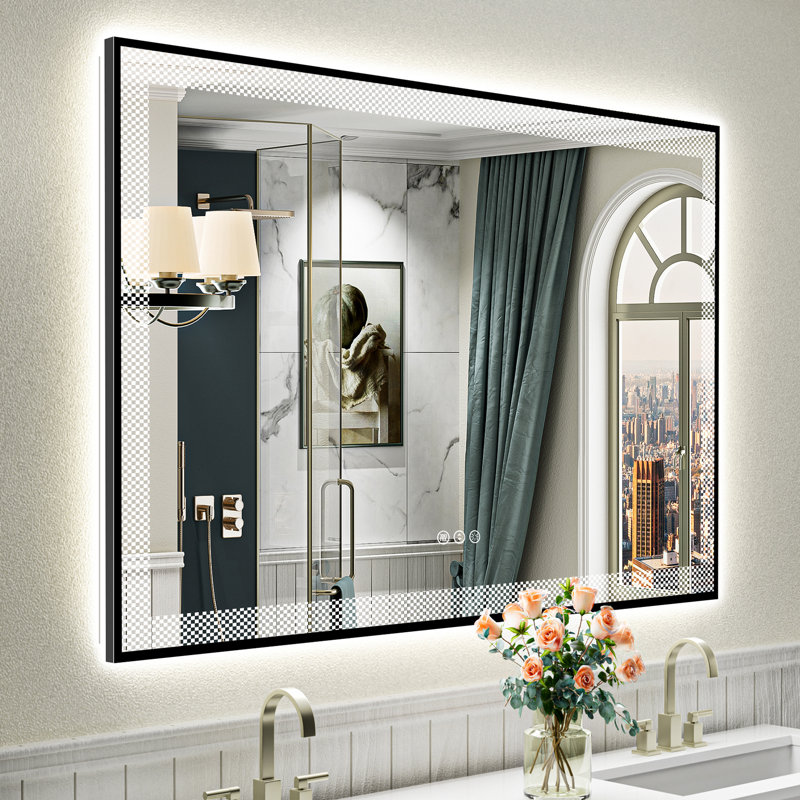 Black Framed LED Bathroom Mirror with Frontlit and Backlit, Lighted Vanity Mirror for Wall, Double Lighting 3 Colors Dimmable, Anti-Fog, Tempered Glass Shatter-Proof (Horizontal/Vertical)