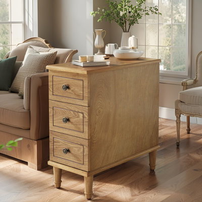 Solid Wood End Table, Fully Assembled Narrow Side Table with 3 Drawers