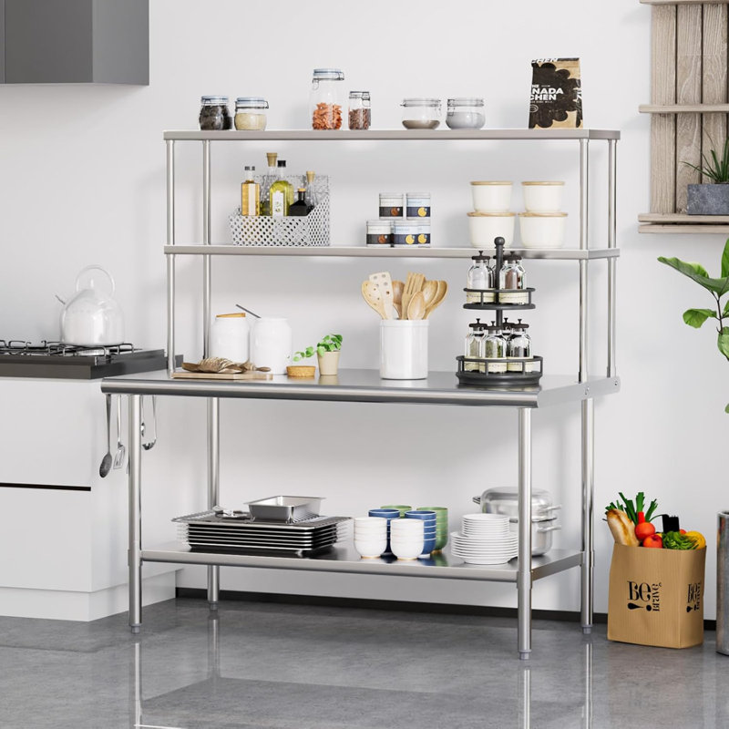 60 X 30 In. Stainless Steel Table With Overshelves And Detachable Hooks
