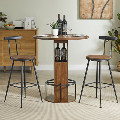 3-Piece Bar Table And Stool Set 31.5-Inch Round Bar Table With Two Stools Compact Wooden Dining Bar With Metal Ring Footrest Ideal For Restaurants