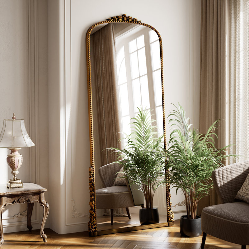 Vintage Full Length Mirror Arched Standing Floor Mirror Full Body Mirror With PU Frame, Gold, 69" x 28"