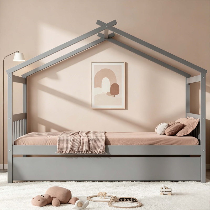 Lit simple gris en bois avec lit gigogne simple, lit plateforme pour enfants avec toit et rails de sécurité, Lit simple, Gris