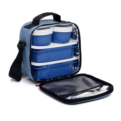 Insulated Lunch Bag with Containers, Thermal Lined Lunch Box, Reusable Leak Proof Containers for Work, Travel, and Beach, Denim Blue Small Lunch Bag with Adjustable Strap, Easy to Clean