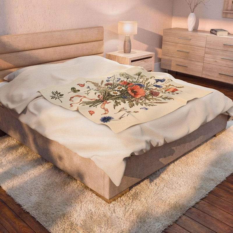 Jeté Wildflower Bouquet - couverture en velours de velours de coton et ruban ivoire Vintage Cottage Decor, 40 x 50 po