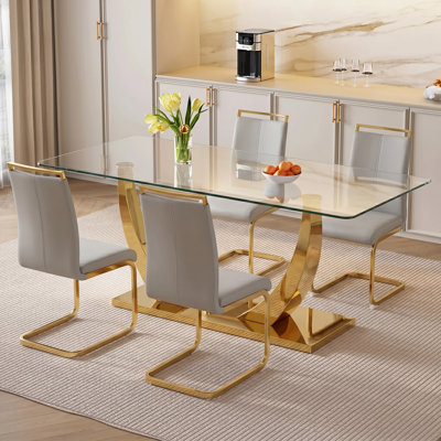 Modern 63" Rectangular Glass Dining Set with Metal Base