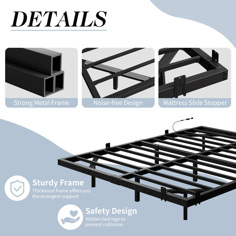 Floating Bed Frame With Led Light, Black, Queen