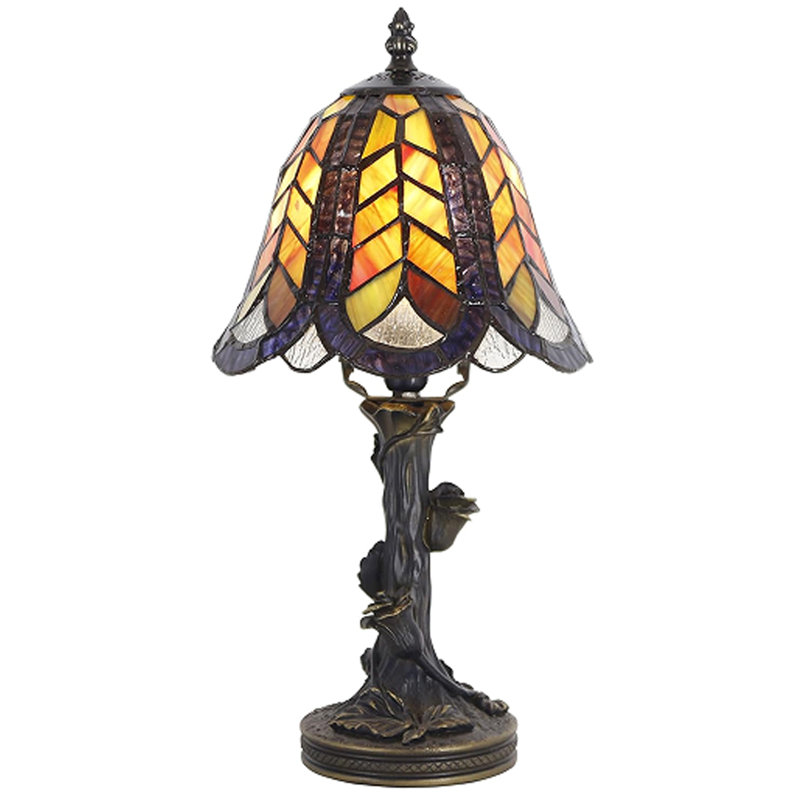 Small Tiffany Lamp Mini Purple Maple Leaf Stained Glass Table Lamp Desk Light 8X8X15.5 Inches with Resin Flower Base