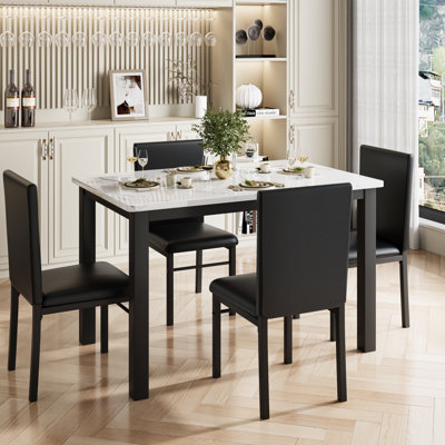 5-Piece Faux Marble Dining Table Set with 4 PU Leather Chairs, White and Black