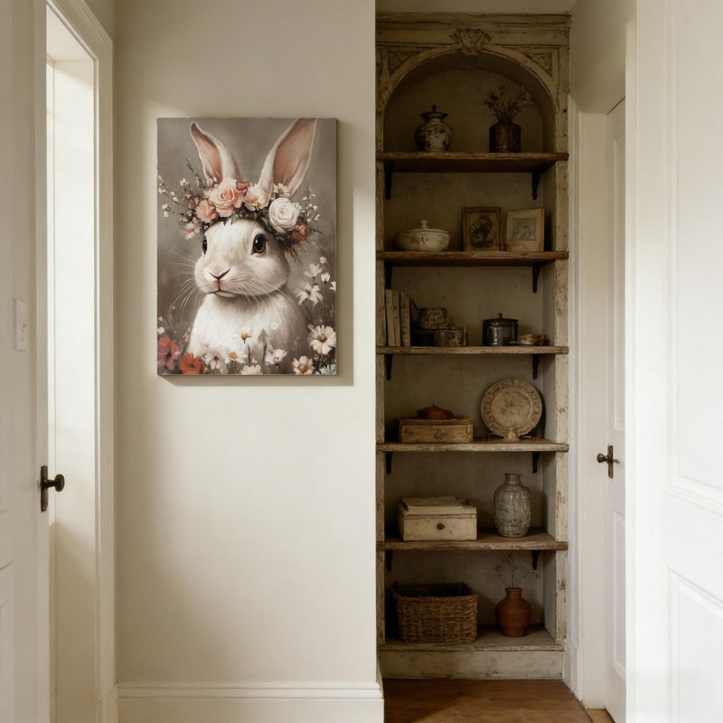 Lapin blanc avec fleur en toile, cadre en bois massif, art mural, 24 x 16 po, décoration intérieure