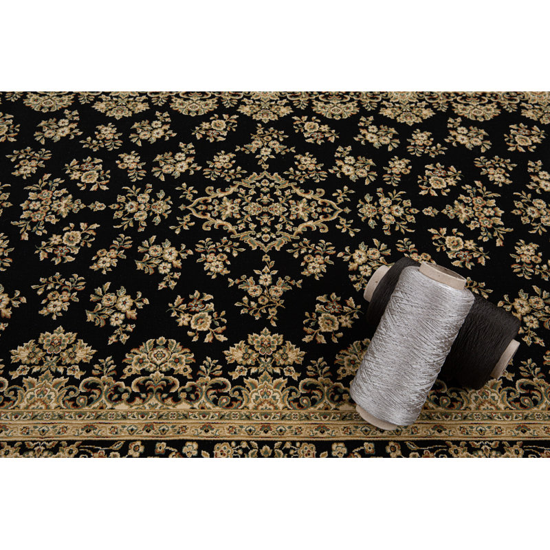 Tapis floral / botanique transitionnel noir / beige Izmir Collection, Rectangle 7 pi 10 po x 10 pi
