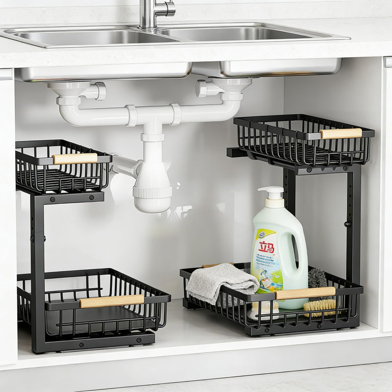 Rangement sous le lavabo, tablette coulissante coulissante à 2 niveaux avec hauteur réglable, conception en L pour garde-manger et garde-manger, paquet de 2