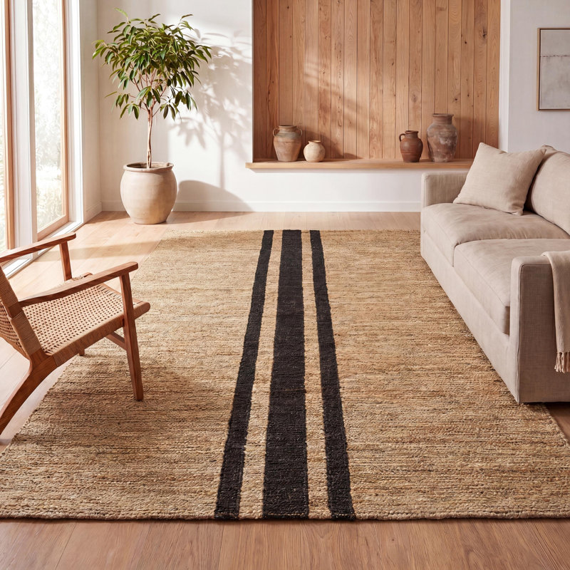 Tapis en jute rayé naturel / noir à motif rayé Olivier, Rectangulaire 8 pi x 10 pi