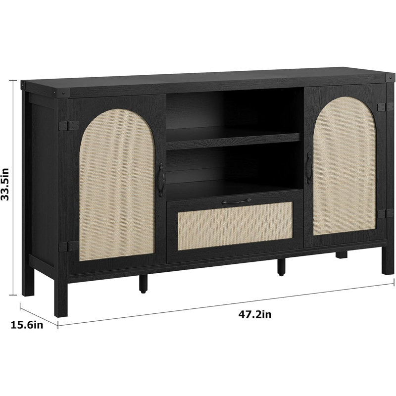 47.2" Buffet Cabinet with Storage, Farmhouse Kitchen Sideboard with Drawer, Rattan Coffee Bar Cabinet for Living Room, Kitchen, Entryway, Black