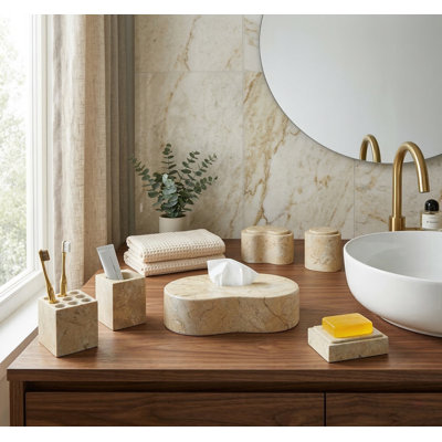 Ensemble 6 pièces d'accessoires de salle de bain en marbre, or beige Ensemble de 6 pièces en marbre naturel beige et or