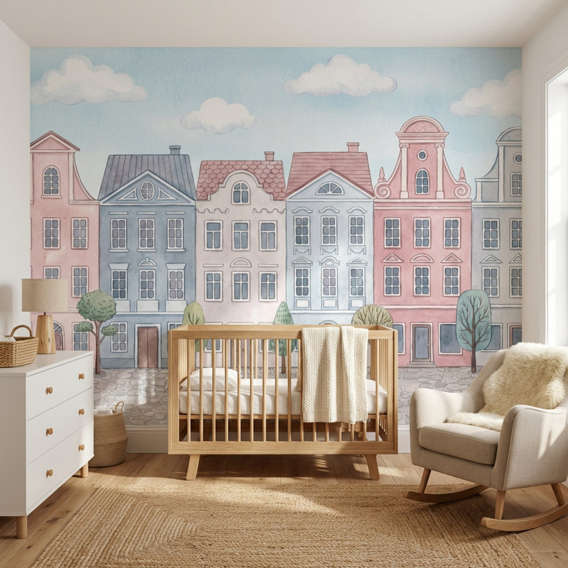 Murale rétro Whimsical Townhouse, Peler et coller, L: 112 po x H: 72 po