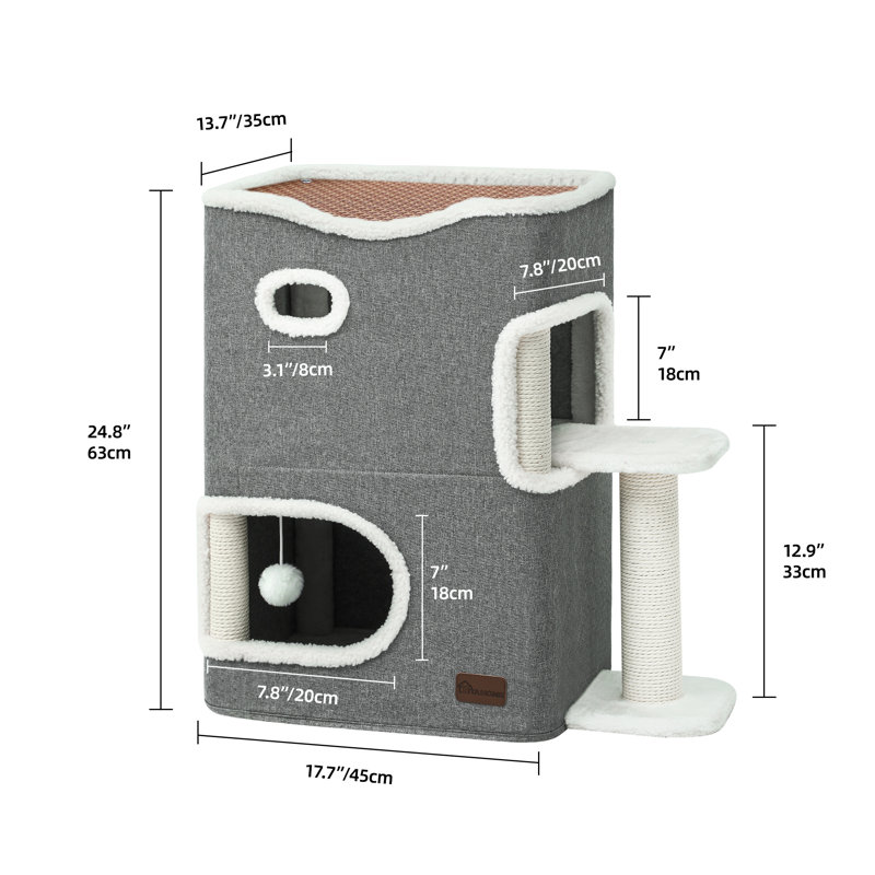 Gray 2-Storey Modern Cat House with Scratch Post and Hideaway Cave