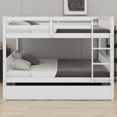 Classic Wooden Bunk Bed Frame Including Trundle, Ladder And Guardrails, Convertible To Two Beds