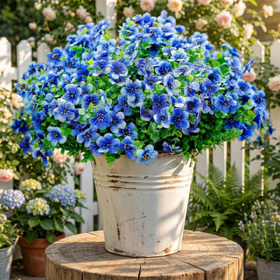 14.2" Artificial Blue Daisy & Eucalyptus Stems Artificial Outdoor Flowers, UV Resistant Faux Blue Shrubs for Garden, Patio & Farmhouse Decor Indoor/Outdoor Arrangements