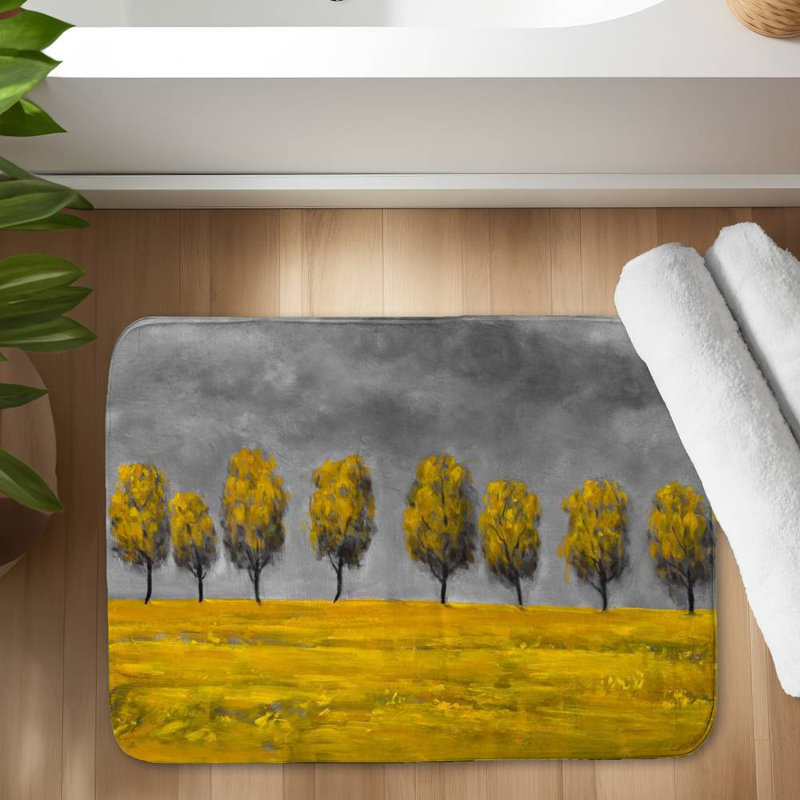 Yellow trees in a field Bath Mat with Non-Slip Backing - Quick Dry Memory Foam Bathroom Rug - Absorbent - Modern Plush Spa-Style - Machine Washable