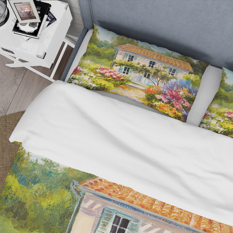 «Little House On The Mountain With Flowers II» - Ensemble de housse de couette traditionnel - Microfibre de polyester