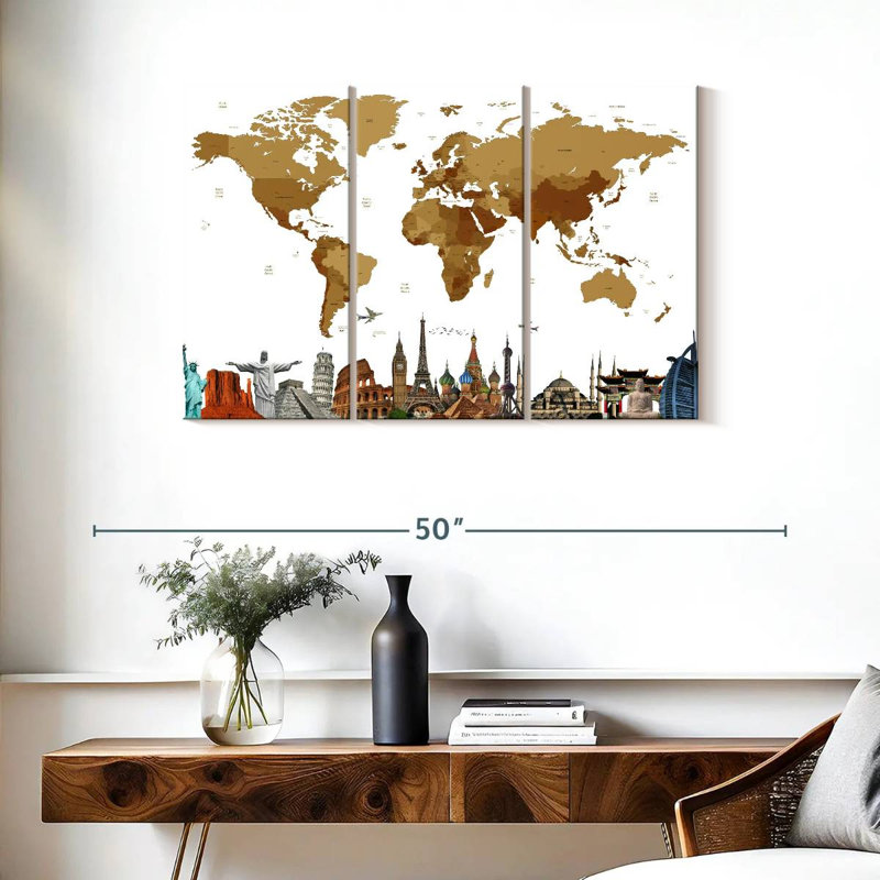 Carte du monde en bronze 3 pièces, H 24 po x l 38 po x P 1,25 po